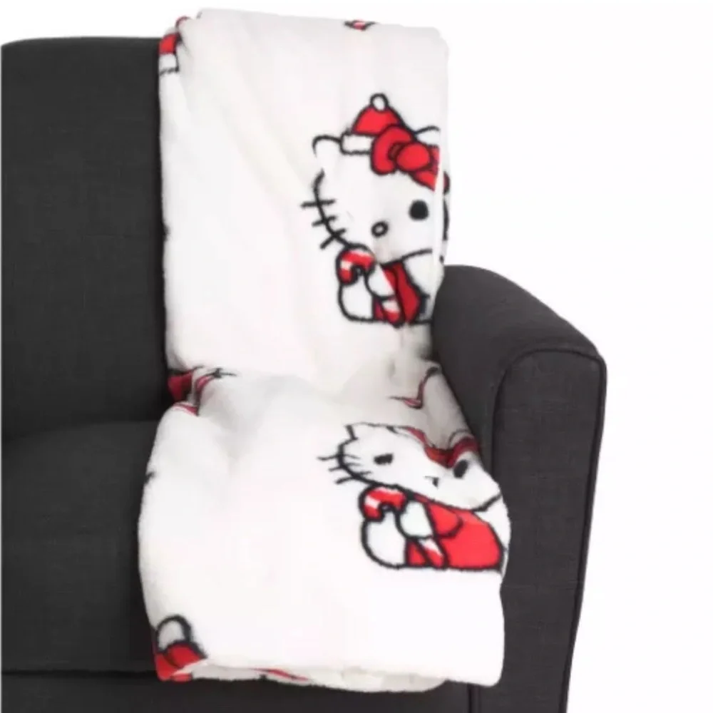 NEW Hello Kitty Christmas Santa Hat Candy Cane Faux Rabbit Fur Throw Blanket Red